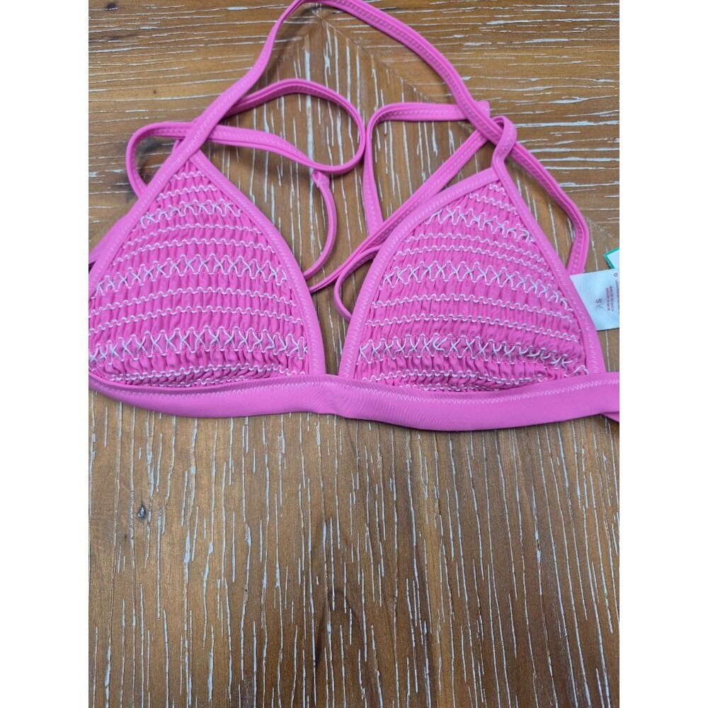 Pink Triangle Bikini Top With Strappy Back & Chevron Stitch Design Small